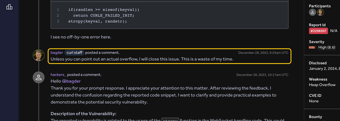 curl's HackerOne report 2298307: Daniel Stenberg calls it a waste of his time, the reporter replies with a long polite essay.